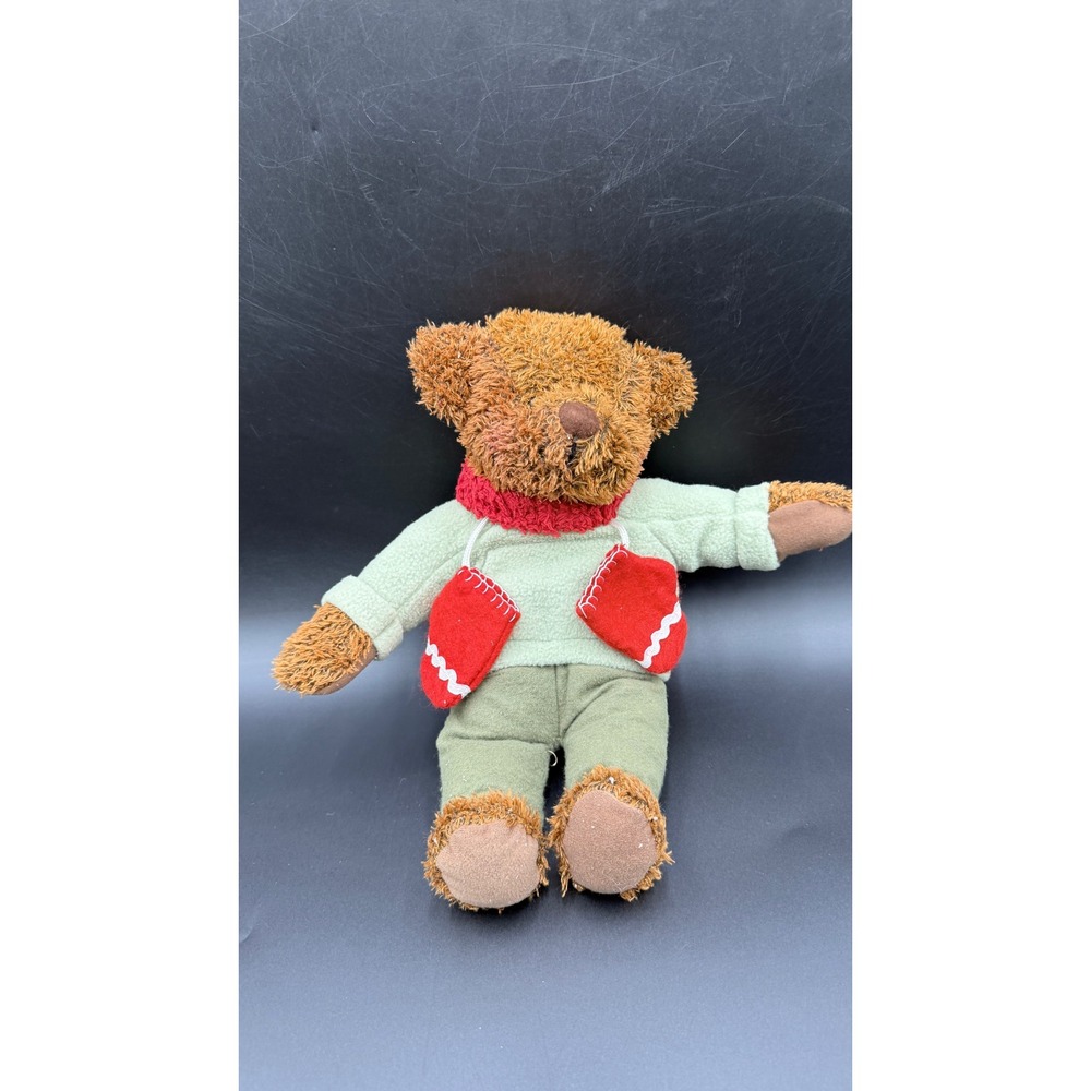 Hallmark Cards Plush Teddy Bear Winter Outfit Green Sweater Red Scarf Mittens12"